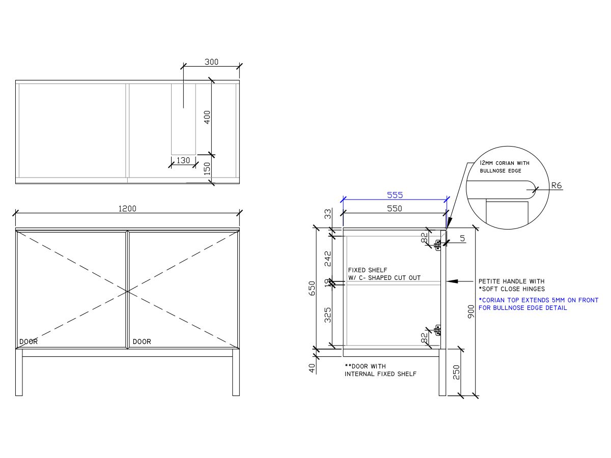 ISSY Adorn Undermount Vanity Unit with Legs Two Doors & Internal Shelves with Petite Handle 1200mm x 550mm x 900mm OFFSET RIGHT (OPENS BOTH SIDES)