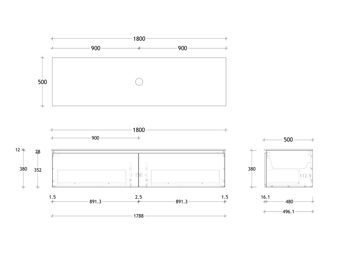 Posh Domaine and Domaine Plus 1800mm Wall Hung Vanity Unit All-Drawer Single Bowl Durasein Top (No Basin)