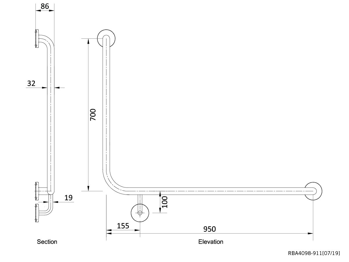 RBA Grab Rail 90 Degree 950mm x 700mm High Right Hand Stainless Steel Polished