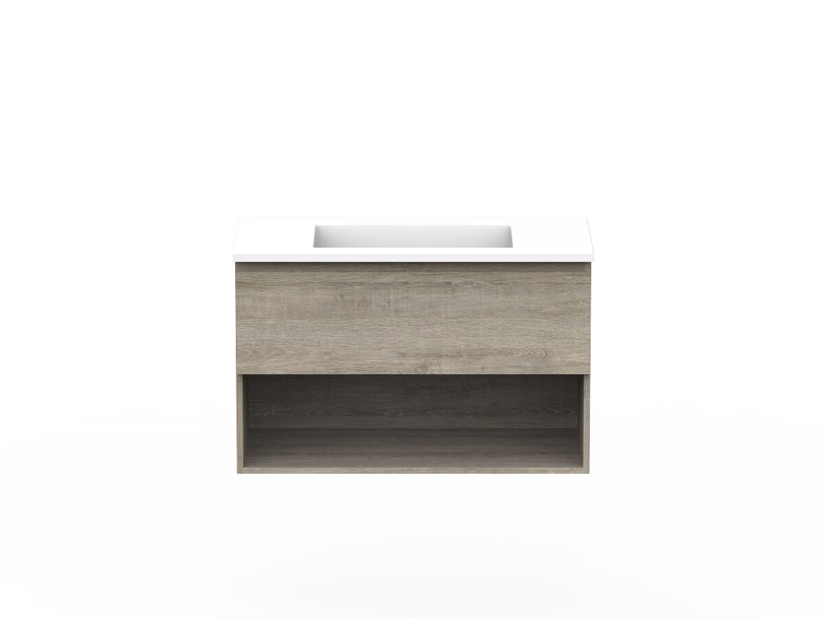 Posh Domaine 900mm Wall Hung Vanity Unit AllDrawer Open Shelf Centre Basin Acrylic Top from Reece