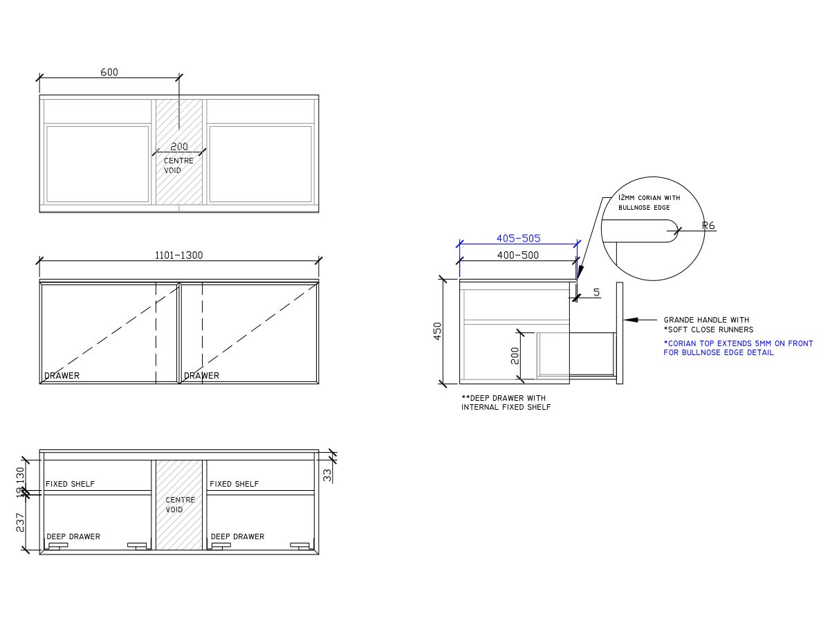 ISSY Adorn Above Counter / Semi Inset Wall Hung Vanity Unit with Two Drawers & Internal Shelves with Grande Handle 1101-1300mm x 400-500mm x 450mm CENTERED