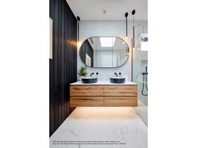 In Situ - Kado Arc Twin Drawer Wall Hung Vanity Unit with Australian Chestnut and Corian Top in 1500mm and ISSY Halo Rounded Triple Mirror with Shaving Cabinet (Recessed) in 1500 x 930mm