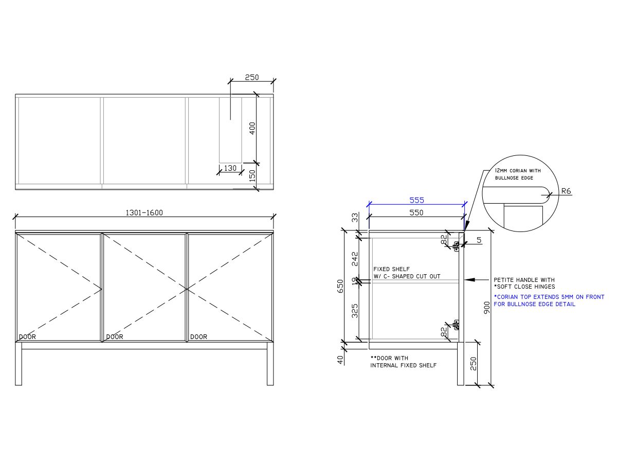 ISSY Adorn Undermount Vanity Unit with Legs Three Doors & Internal Shelves with Petite Handle 1301-1600mm x 550mm x 900mm OFFSET RIGHT (CENTRE LEFT)