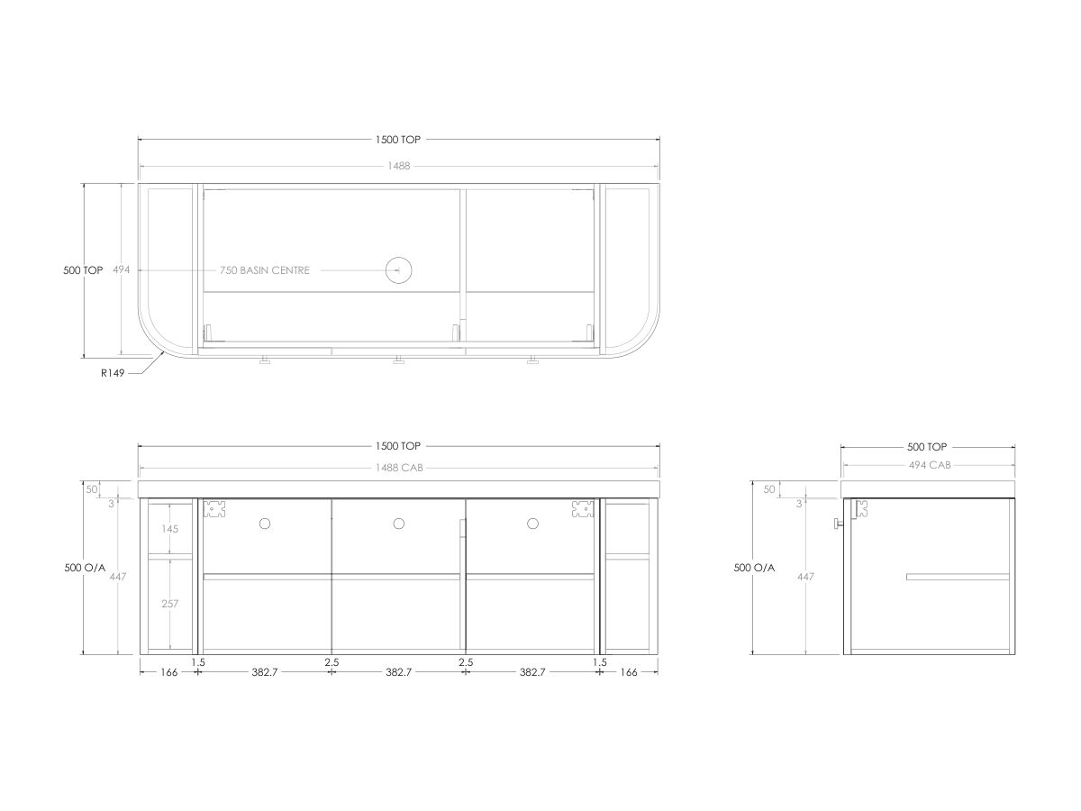Kado Era 50mm Durasein Statement Top Double Curve All Door 1500mm Wall Hung Vanity with Center Basin