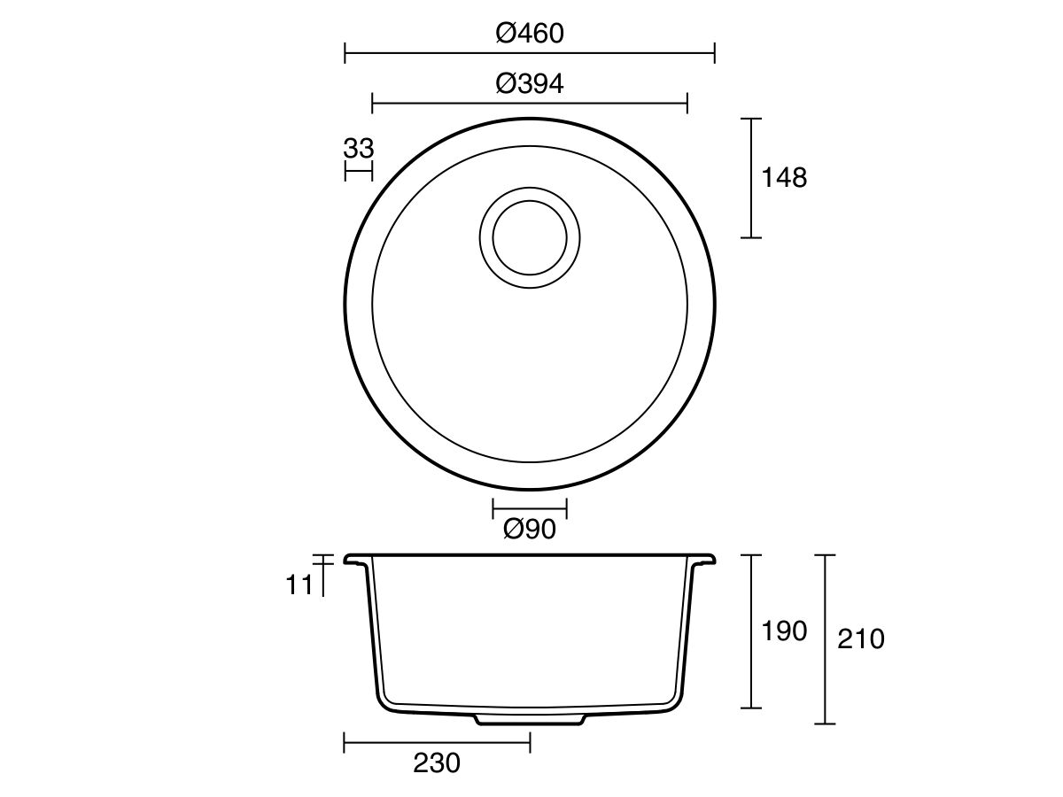 Memo Freya Round Sink No Taphole Granite Black