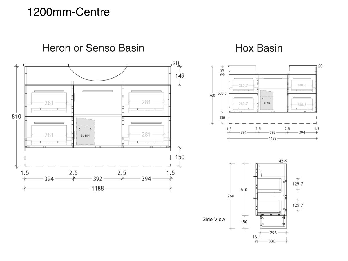 ADP Essence MKII Semi Recess Vanity Unit 1 Door, 4 Drawers No Basin 1200mm