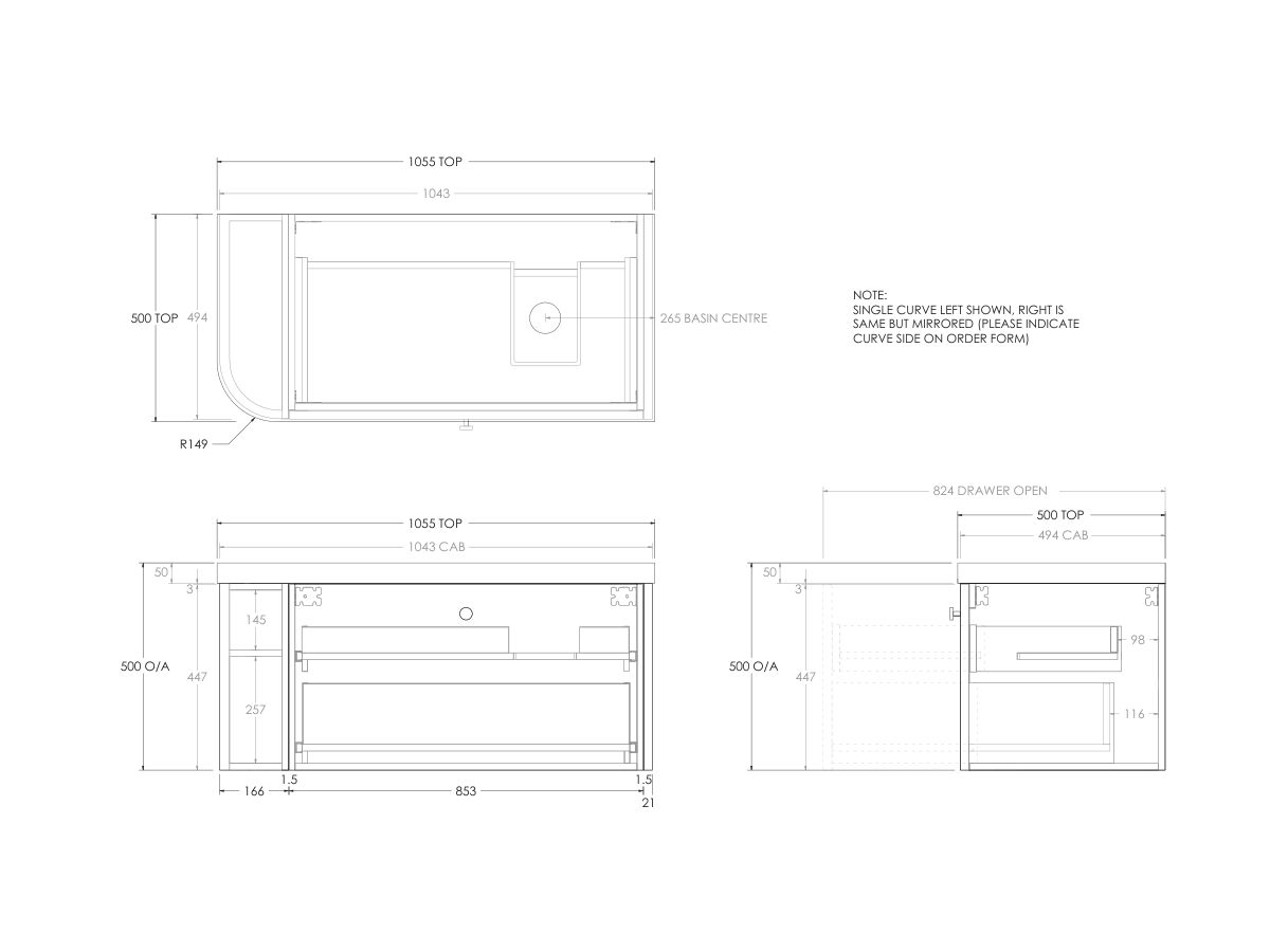 Kado Era 50mm Durasein Statement Top Single Curve All Drawer 1050mm Wall Hung Vanity with Right Hand Basin