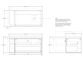 Technical Drawing - Kado Era 50mm Durasein Statement Top Single Curve All Drawer 1050mm Wall Hung Vanity with Right Hand Basin