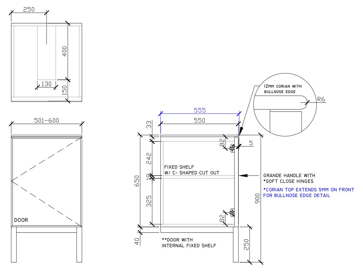 ISSY Adorn Undermount Vanity Unit with Legs One Door & Internal Shelf with Grande Handle 501-600mm x 550mm x 900mm CENTER (RIGHT)
