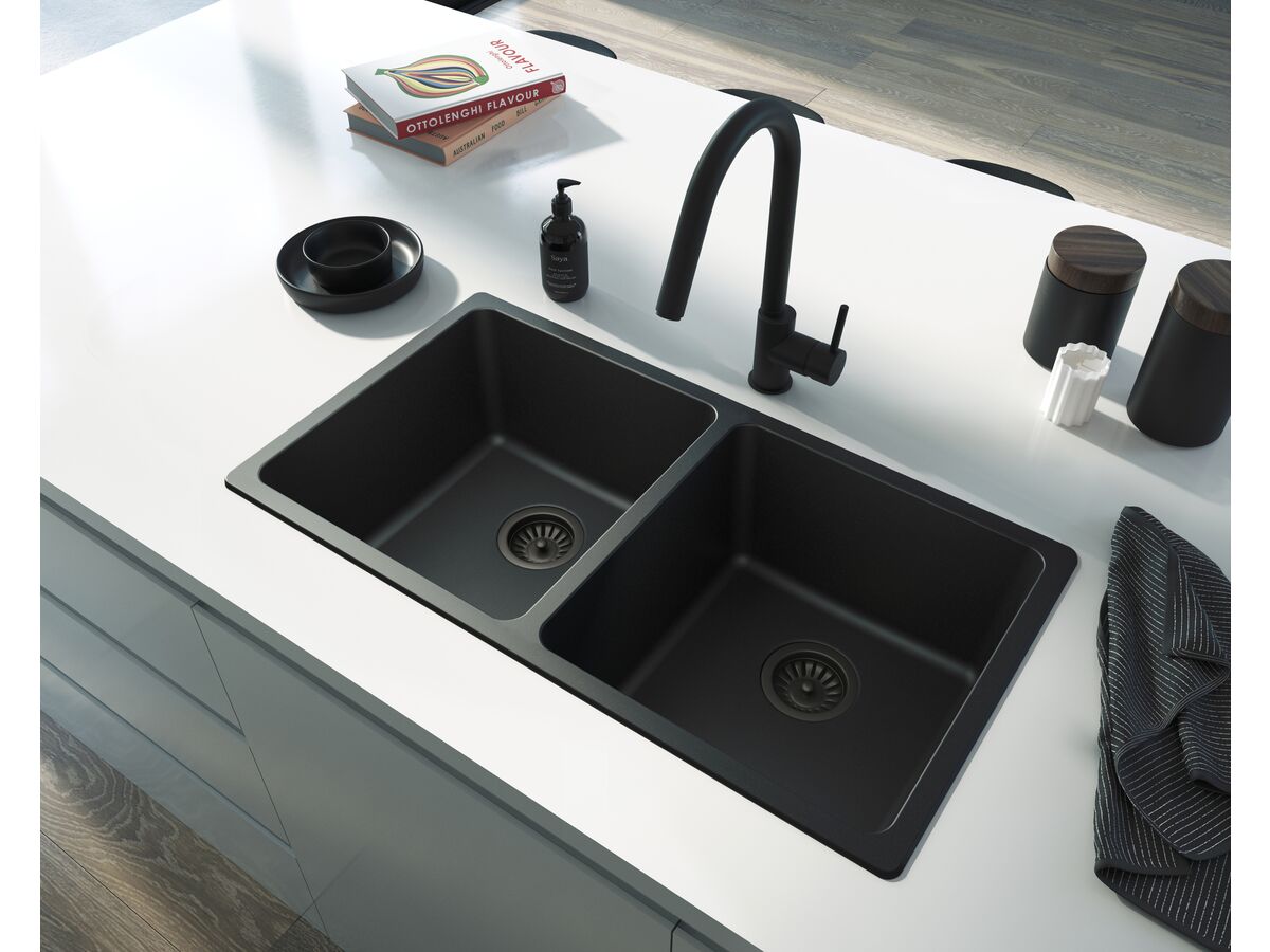Memo Hugo Double Bowl Sink No Taphole Granite Black