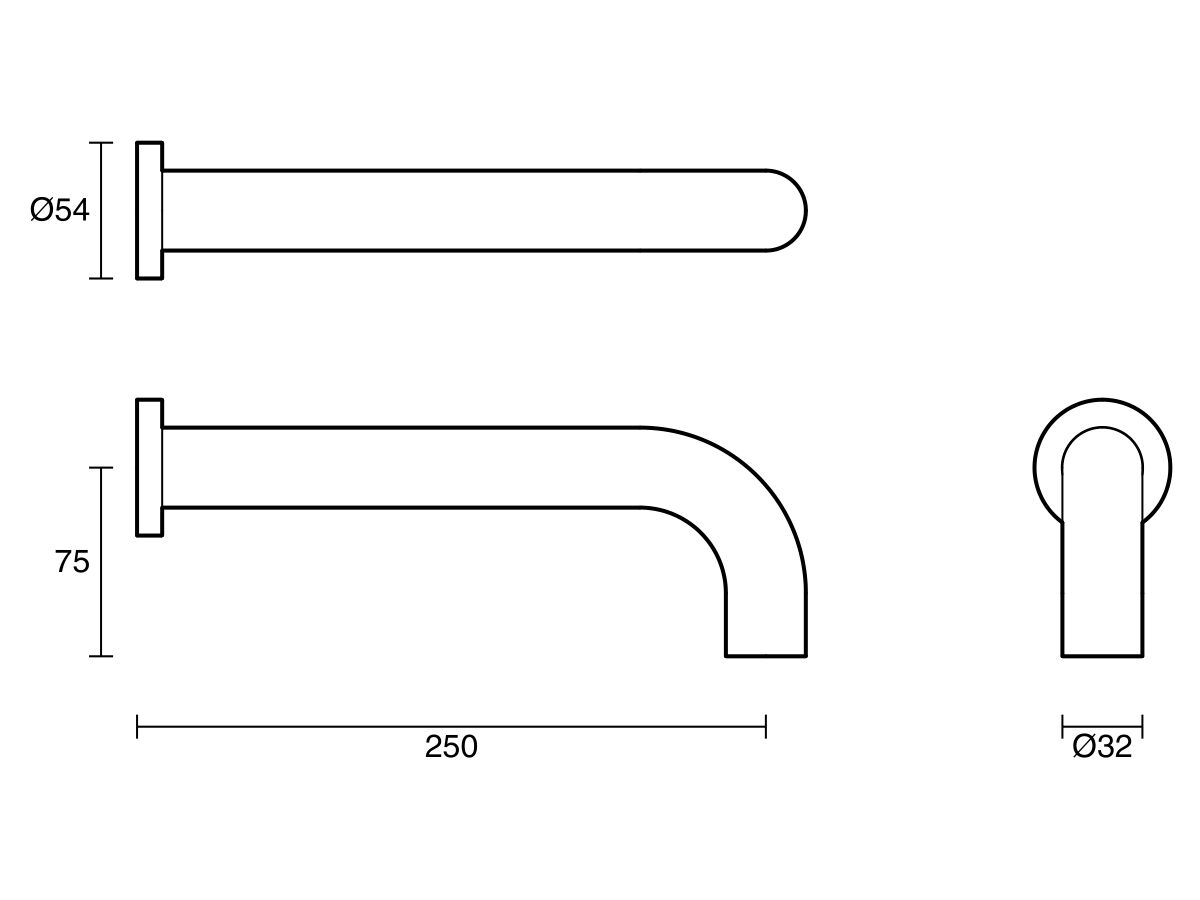 Technical Drawing - Scala 32mm Curved Wall Bath Outlet 250mm