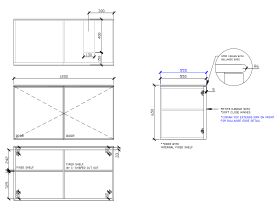 Technical Drawing - ISSY Adorn Undermount Wall Hung Vanity Unit with Two Doors & Internal Shelf with Petite Handle 1200mm x 550mm x 650mm OFFSET RIGHT (OPENS BOTH SIDES)