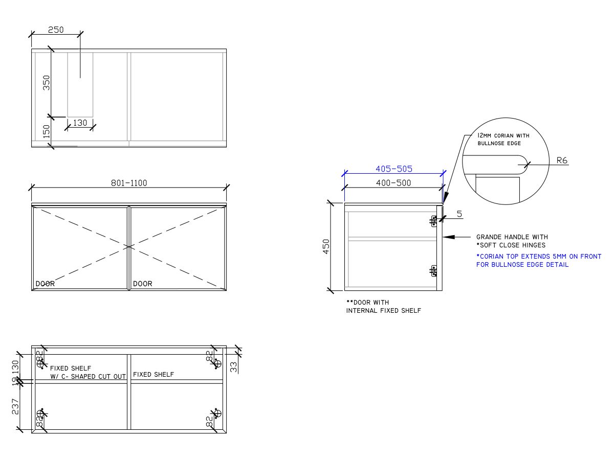 ISSY Adorn Above Counter / Semi Inset Wall Hung Vanity Unit with Two Doors & Internal Shelf with Grande Handle 801-1100mm x 400-500mm x 450mm OFFSET LEFT (OPENS BOTH SIDES)