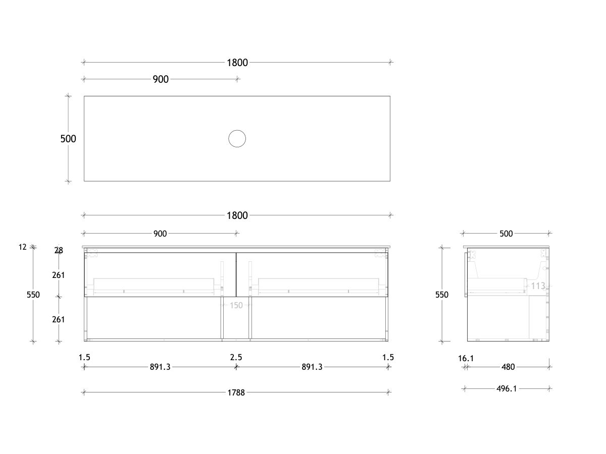 Posh Domaine and Domaine Plus 1800mm Wall Hung Vanity Unit All-Drawer Open Shelf Single Bowl Durasein Top (No Basin)