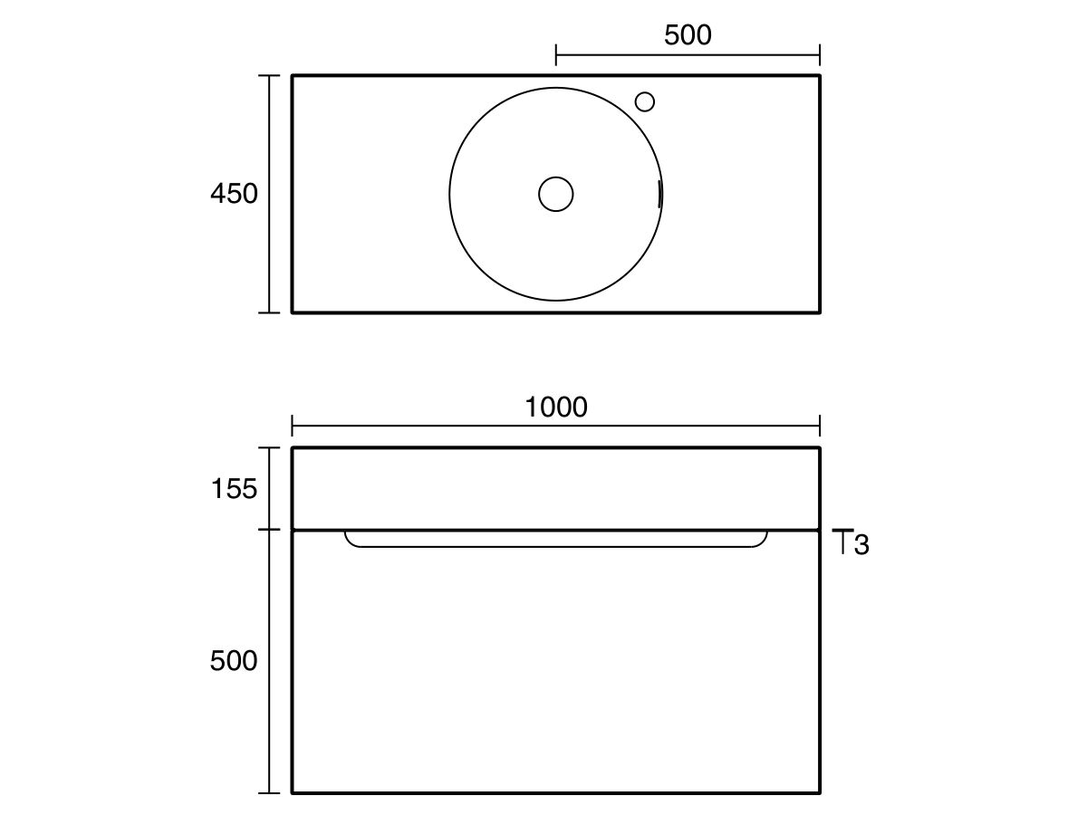 Technical Drawing - Omvivo Neo Two Wall Hung Vanity 1000mm Center Bowl