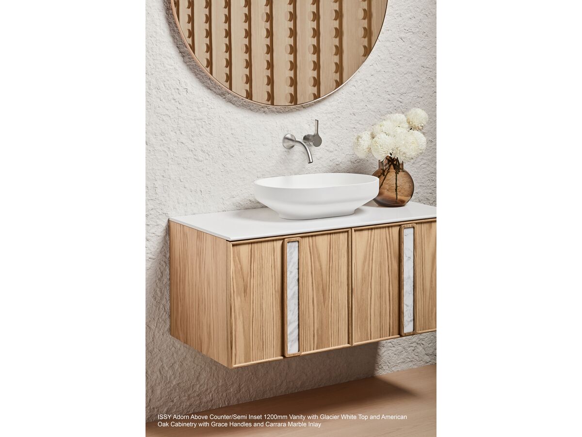 Adorn 1 vanity with Marigold handle and Ballerina round mirror landscape - American Oak