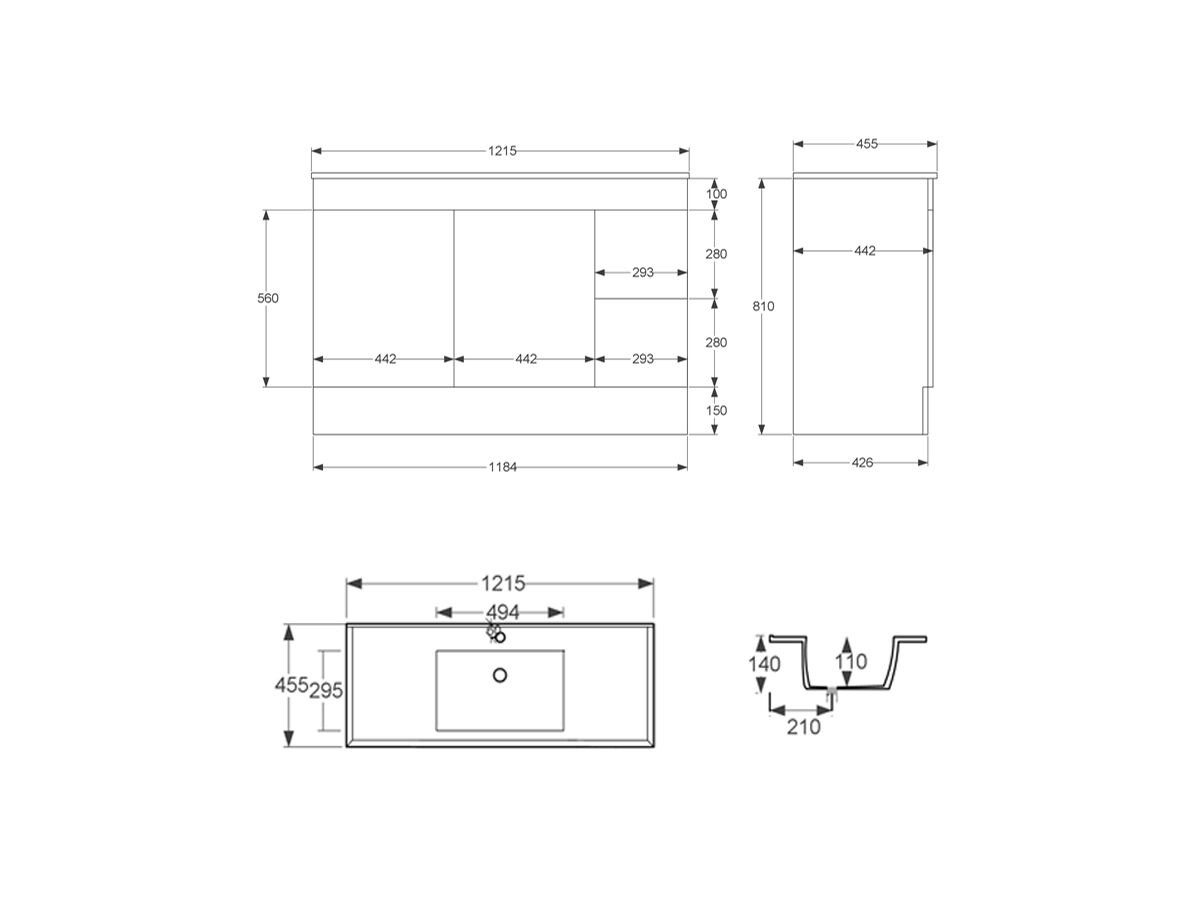 Posh Bristol T-Series 1200mm Vanity Unit with Kick Centre Bowl 2 Door and 2 Drawers 1 Taphole White