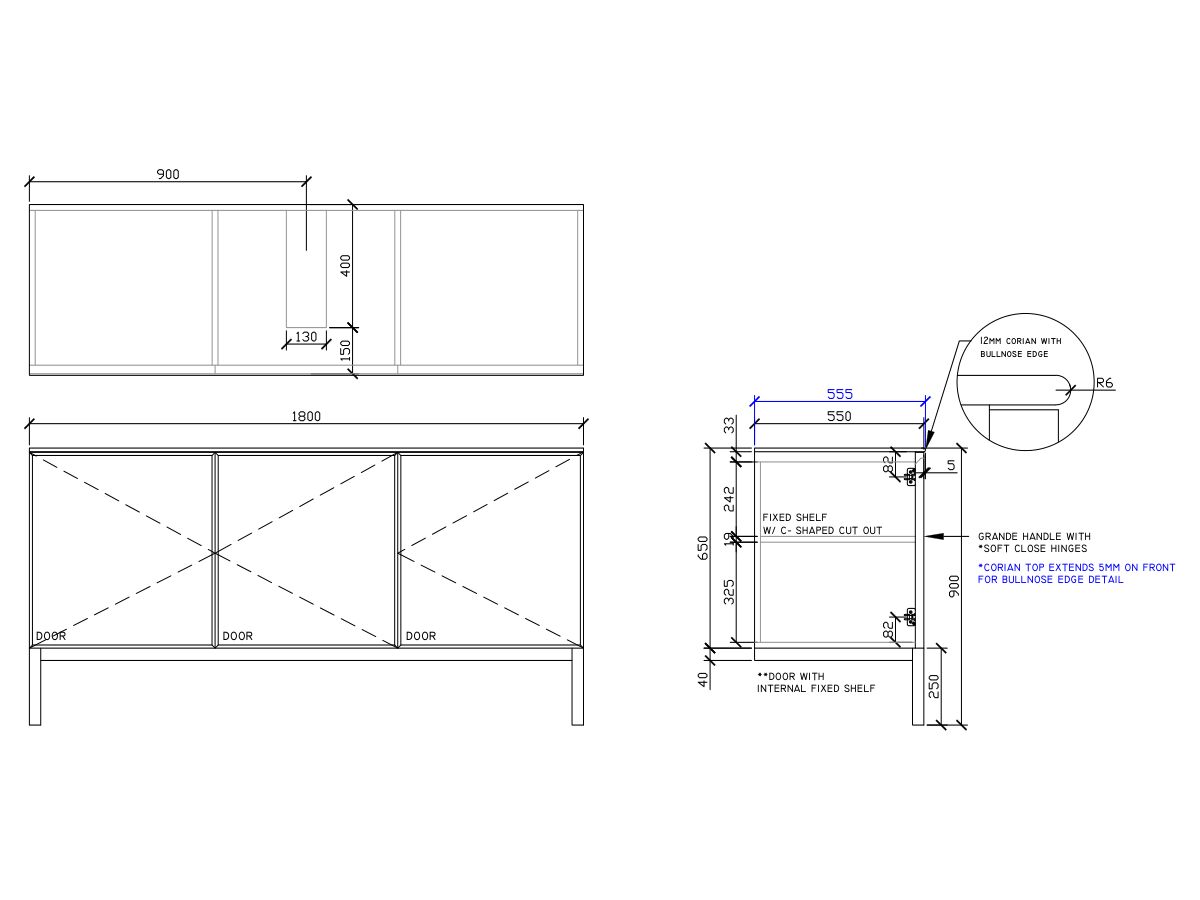 ISSY Adorn Undermount Vanity Unit with Legs Three Doors & Internal Shelves with Grande Handle 1800mm x 550mm x 900mm CENTERED (CENTRE RIGHT)