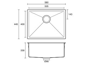 Technical Drawing - Memo Isla Outdoor Extended Single Bowl Sink No Taphole 316 Stainless Steel