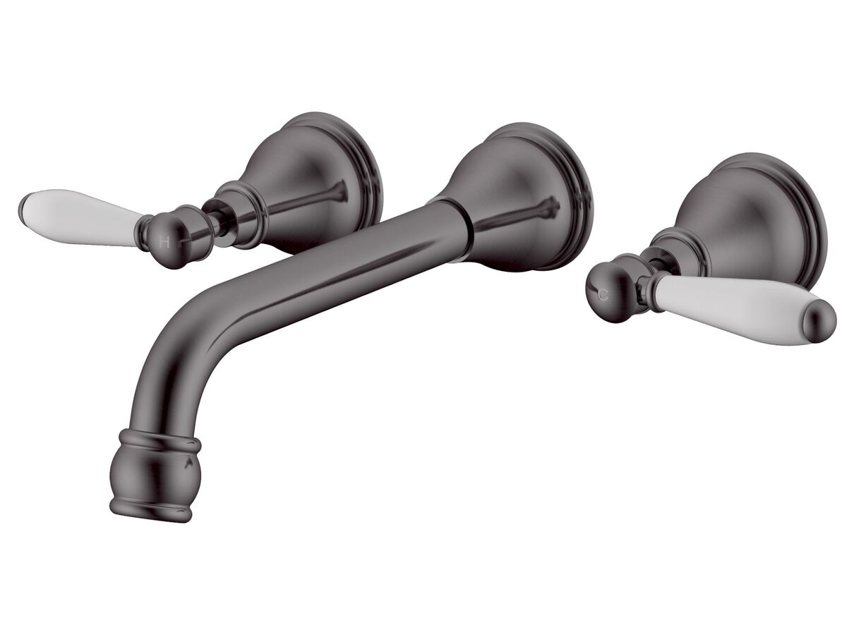 Milli Voir Wall Basin Set Lever Handle 220mm with Porcelain Handles Brushed Gunmetal (5 Star)