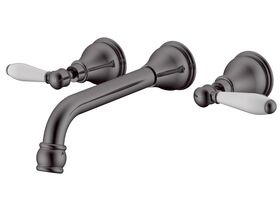Milli Voir Wall Basin Set Lever Handle 220mm with Porcelain Handles Brushed Gunmetal (5 Star)