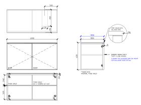 Technical Drawing - ISSY Adorn Undermount Wall Hung Vanity Unit with Two Doors & Internal Shelf with Grande Handle 1200mm x 550mm x 650mm OFFSET RIGHT (OPENS BOTH SIDES)