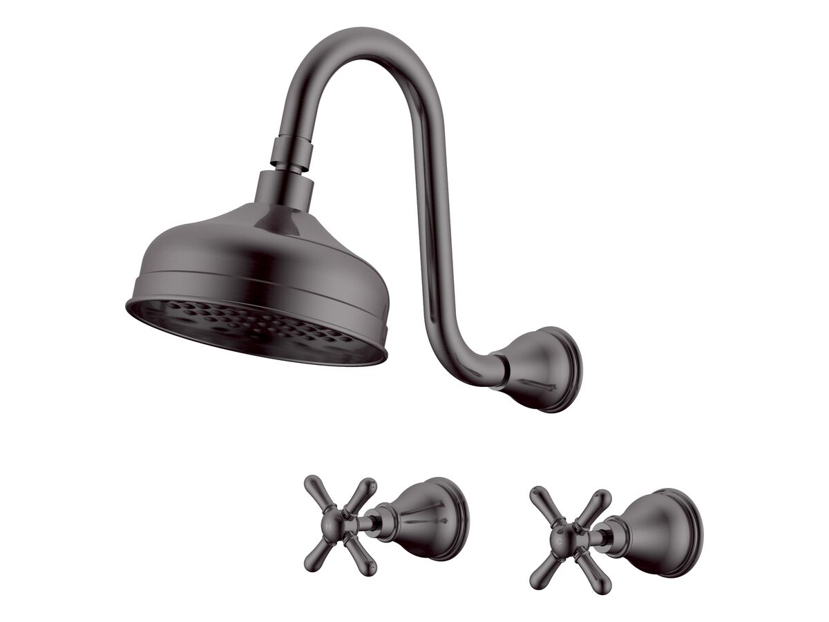 Milli Monument Edit Gooseneck Shower Set Cross Handles Brushed Gunmetal