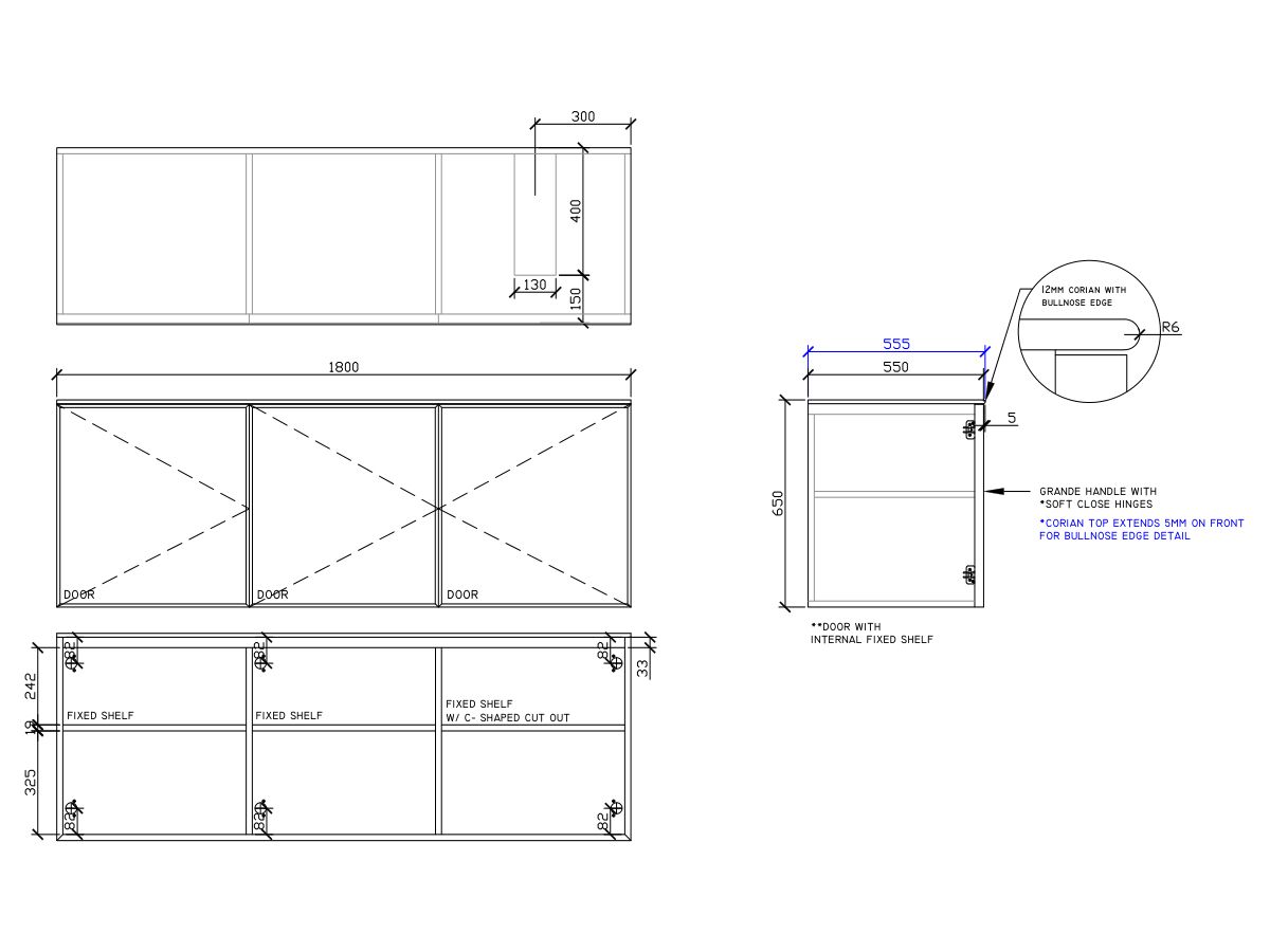 ISSY Adorn Undermount Wall Hung Vanity Unit with Three Doors & Internal Shelf with Grande Handle 1800mm x 550mm x 650mm OFFSET RIGHT (CENTRE LEFT)