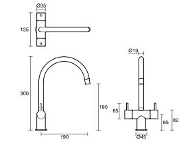 Technical Drawing - Scala Mini Twin Handle Mixer Tap Large Curved