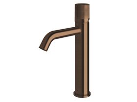 Milli Pure Medium Height Basin Mixer Tap Curved Spout with Linear Textured Handle PVD Brushed Bronze (5 Star)