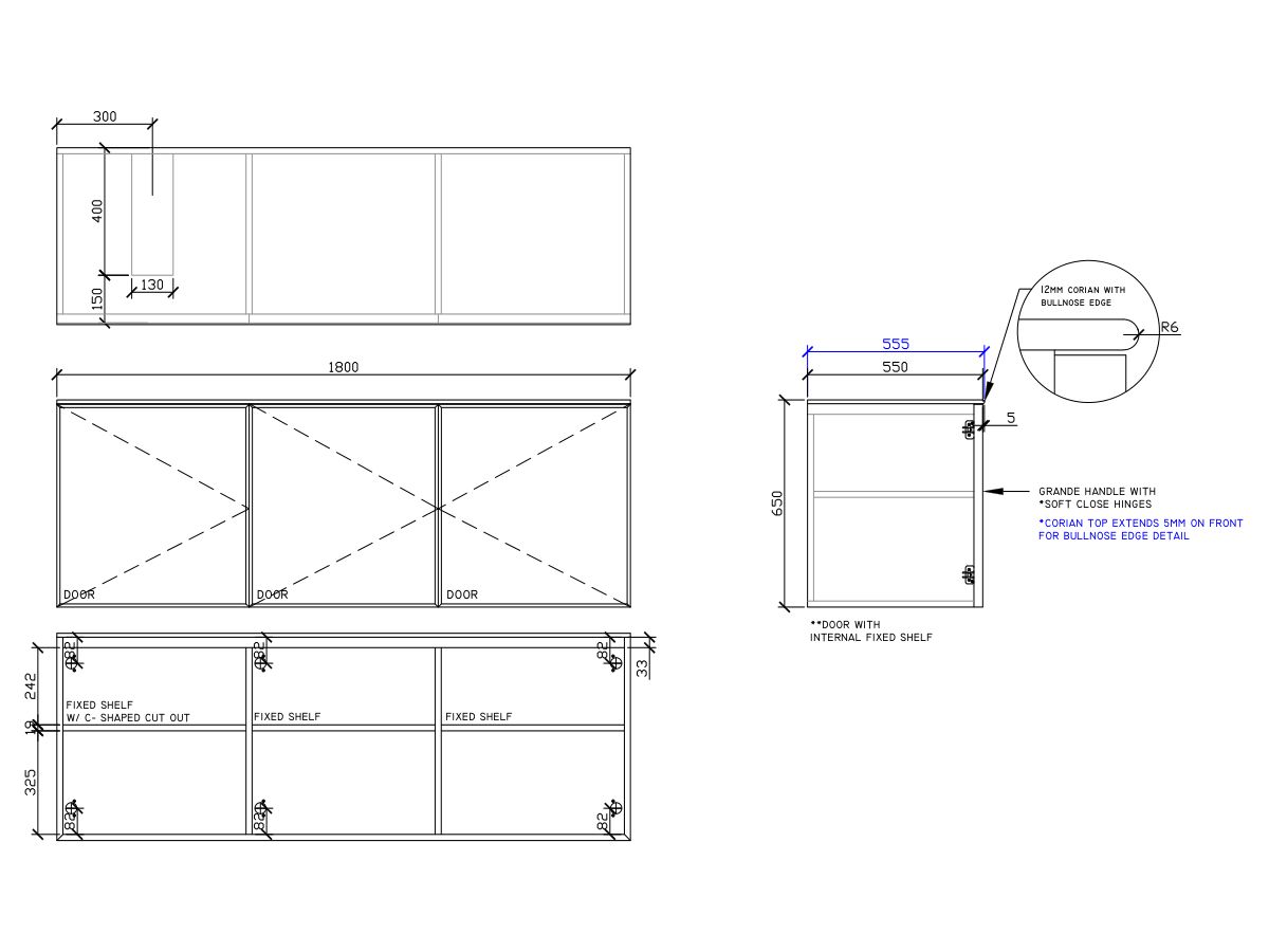 ISSY Adorn Undermount Wall Hung Vanity Unit with Three Doors & Internal Shelf with Grande Handle 1800mm x 550mm x 650mm OFFSET LEFT (CENTRE LEFT)