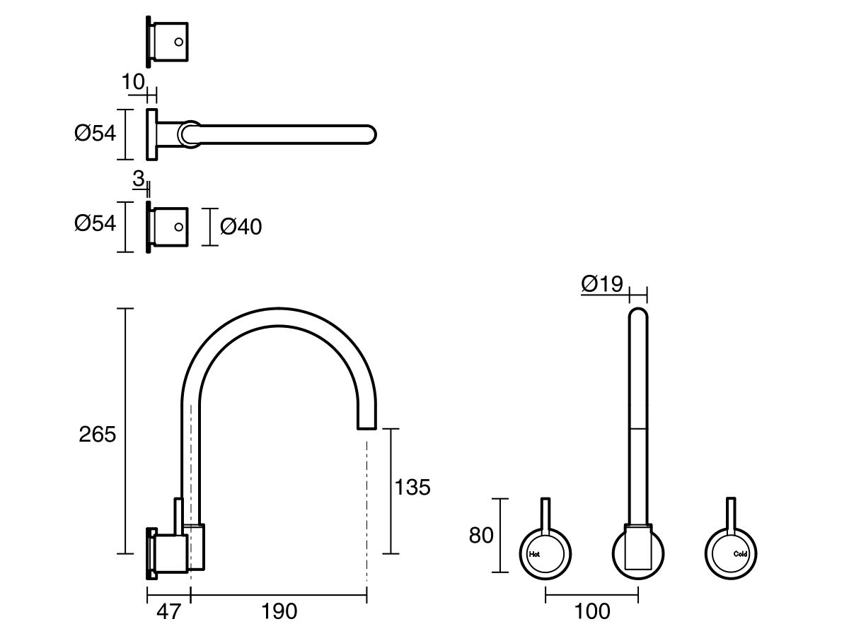 Technical Drawing - Scala Wall Sink Set Curved