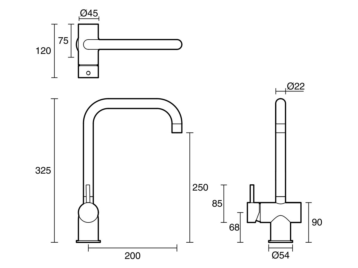 Technical Drawing - Scala Sink Mixer Tap Large Square Left Hand