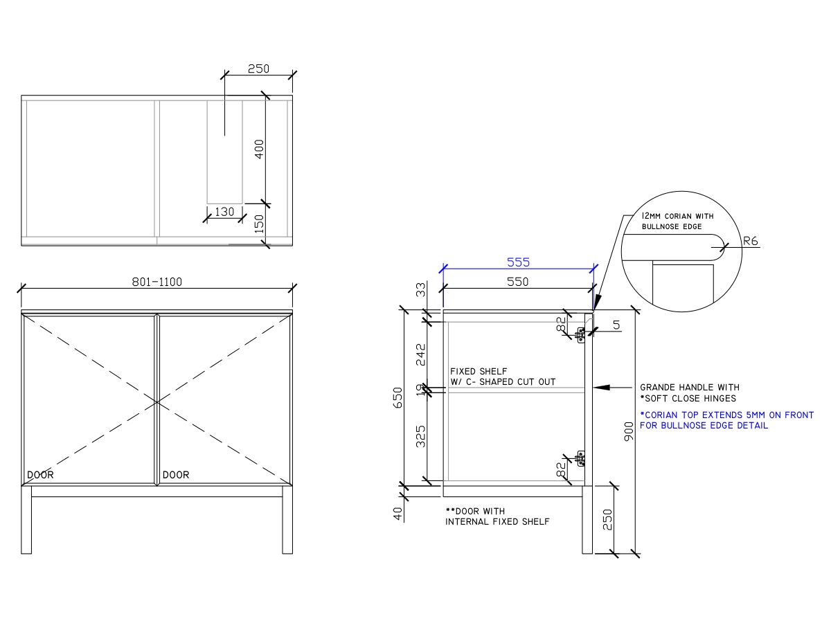 ISSY Adorn Undermount Vanity Unit with Legs Two Doors & Internal Shelves with Grande Handle 801-1100mm x 550mm x 900mm OFFSET RIGHT (OPENS BOTH SIDES)
