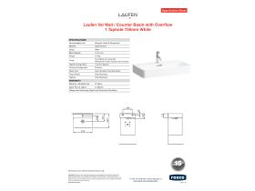 Specification Sheet - LAUFEN Val Wall / Counter Basin with Overflow 1 Taphole 750mm White
