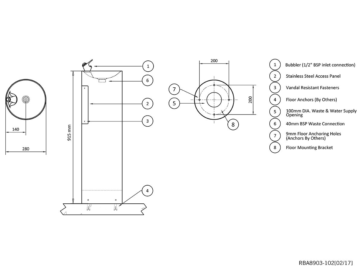 RBA Floor Mounted Drinking Fountain 280 x 915 Stainless Steel