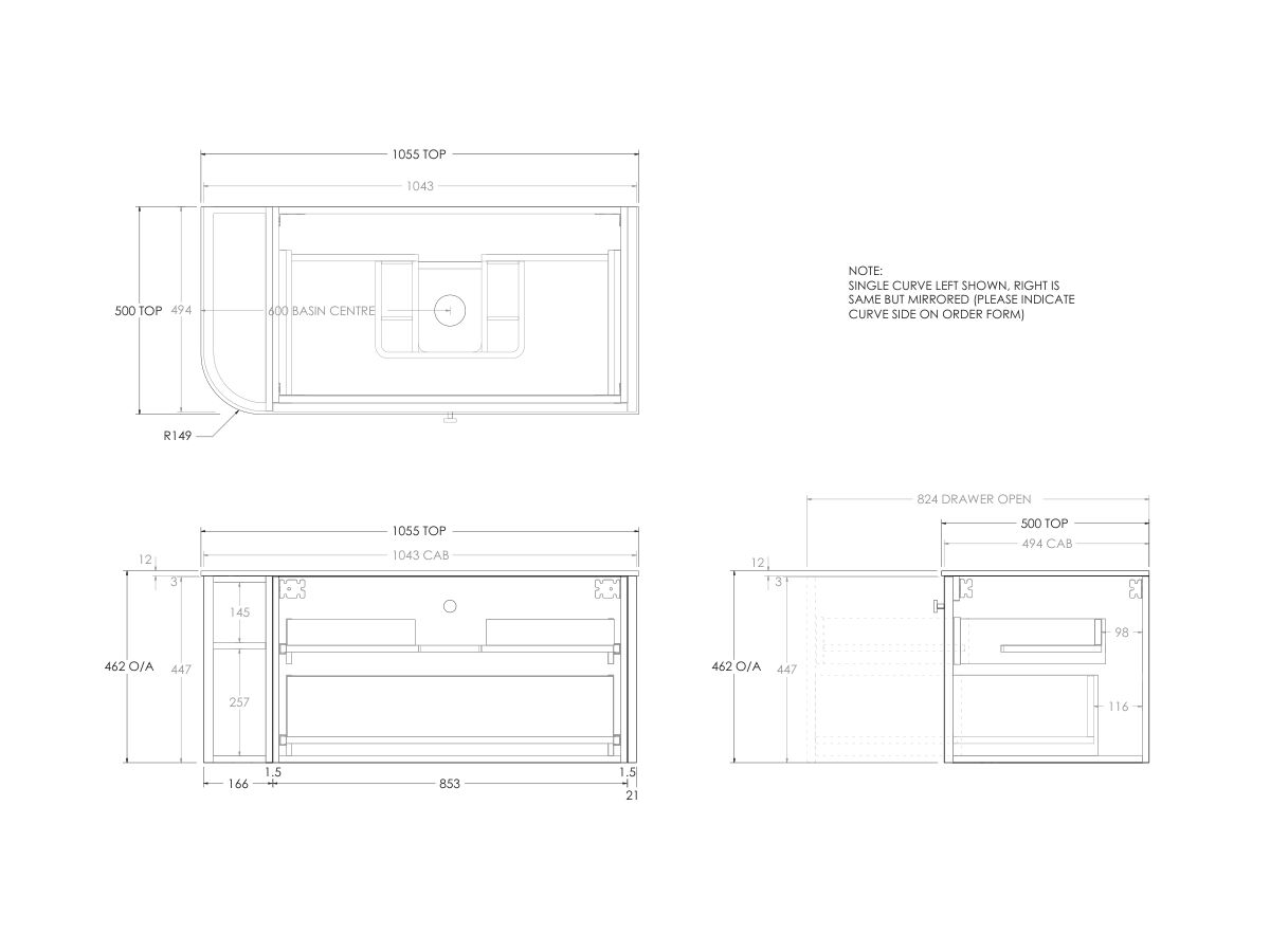 Kado Era 12mm Durasein Top Single Curve All Drawer 1050mm Wall Hung Vanity with Center Basin