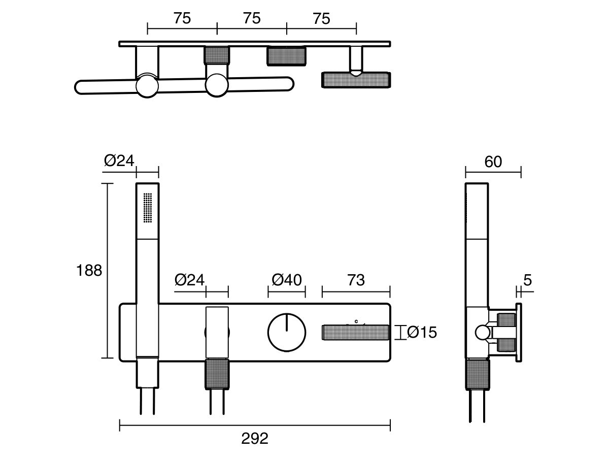 Technical Drawing - Milli Etch Progressive Shower Mixer Tap System with Handshower (3 Star)