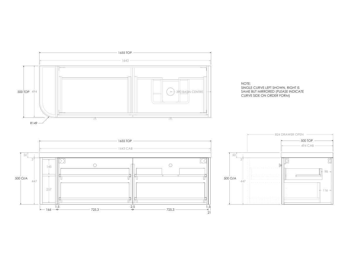 Kado Era 50mm Durasein Statement Top Single Curve All Drawer 1650mm Wall Hung Vanity with Right Hand Basin