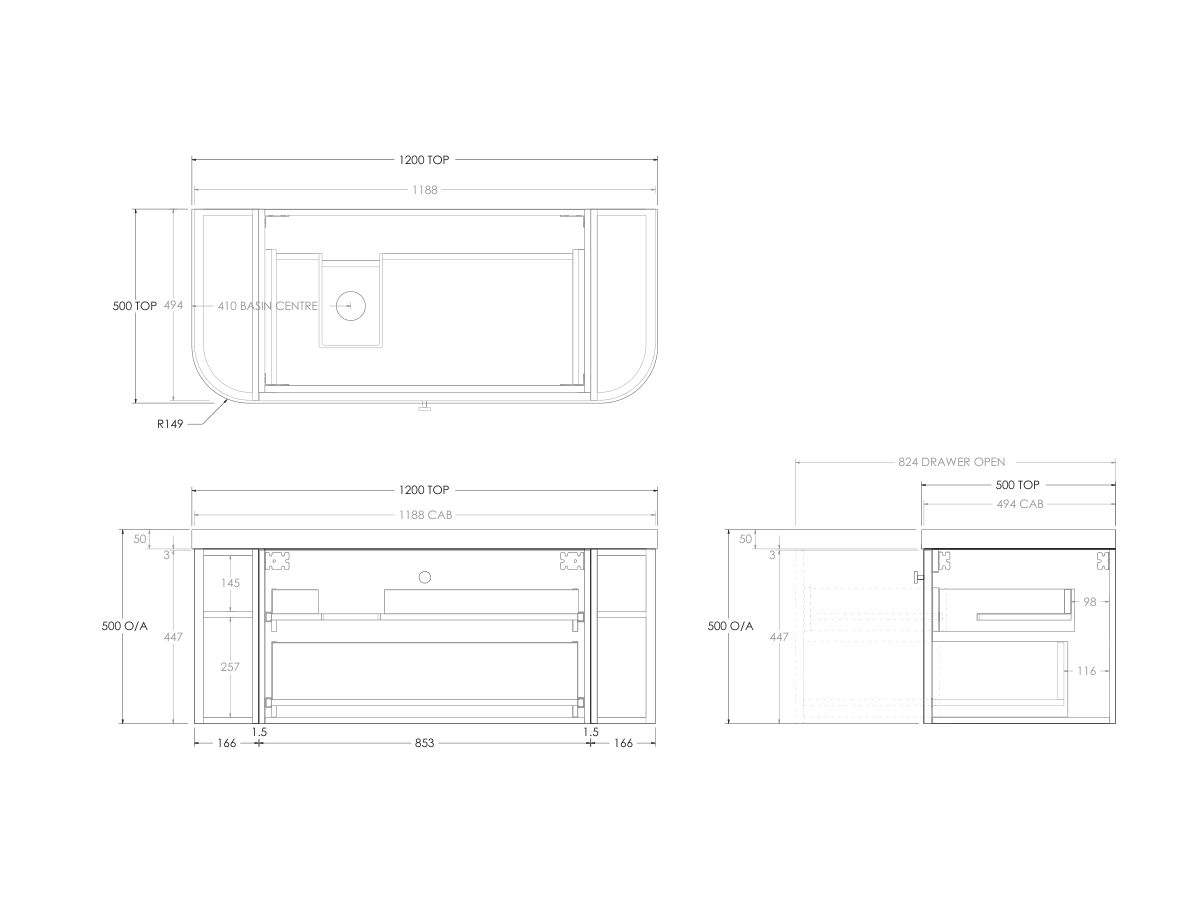 Kado Era 50mm Durasein Statement Top Double Curve All Drawer 1200mm Wall Hung Vanity with Left Hand Basin