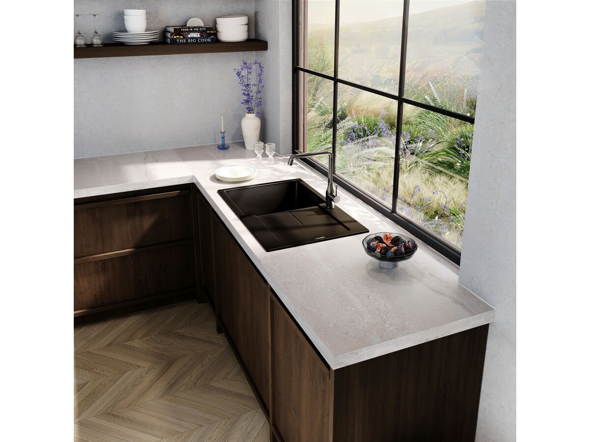 Memo Freya Single Bowl Sink 1 Taphole Left Hand Bowl with Drainer Granite Black