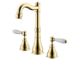 Milli Voir English Basin Set Lever Handle with Porcelain Handles Brass Gold (5 Star)