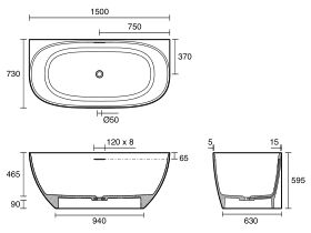 Technical Drawing - Kado Lussi Cast Solid Surface Freestanding Thin Edge Back to Wall Bath with Plug & Waste 1500mm White