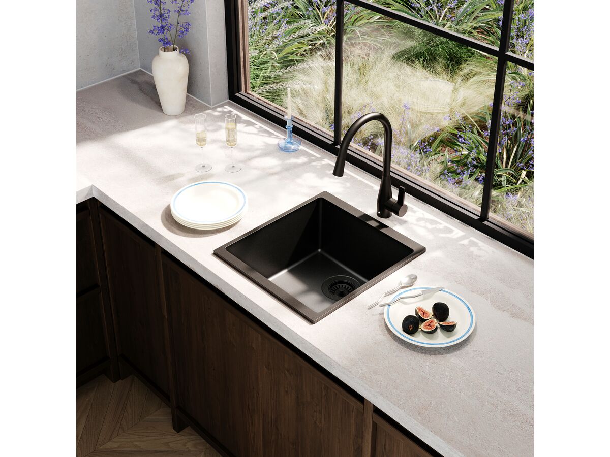 Memo Freya Single Bowl Sink No Taphole Granite Black