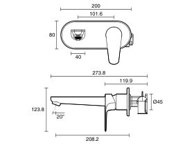 Technical Drawing - Posh Solus Wall Basin / Bath Mixer Tap Set (5 Star)