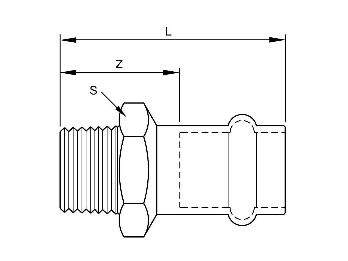 Technical Drawing - >B< Press Stainless Steel Male Straight Connector