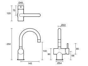 Technical Drawing - Scala Basin-Sink Mixer Tap Small Curved Right Hand