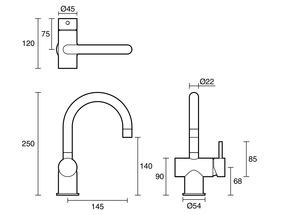 Sussex Scala Basin / Sink Mixer Tap Small Curved Right Hand LUX PVD Brushed Platinum Gold (4