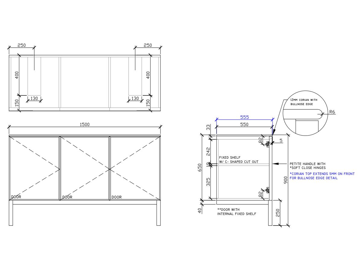 ISSY Adorn Undermount Vanity Unit with Legs Three Doors & Internal Shelves with Petite Handle 1500mm x 550mm x 900mm DOUBLE BASIN (CENTRE LEFT)