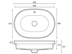 Technical Drawing - Roca The Gap Round Semi Inset Basin 550mm x 390mm With Overflow White